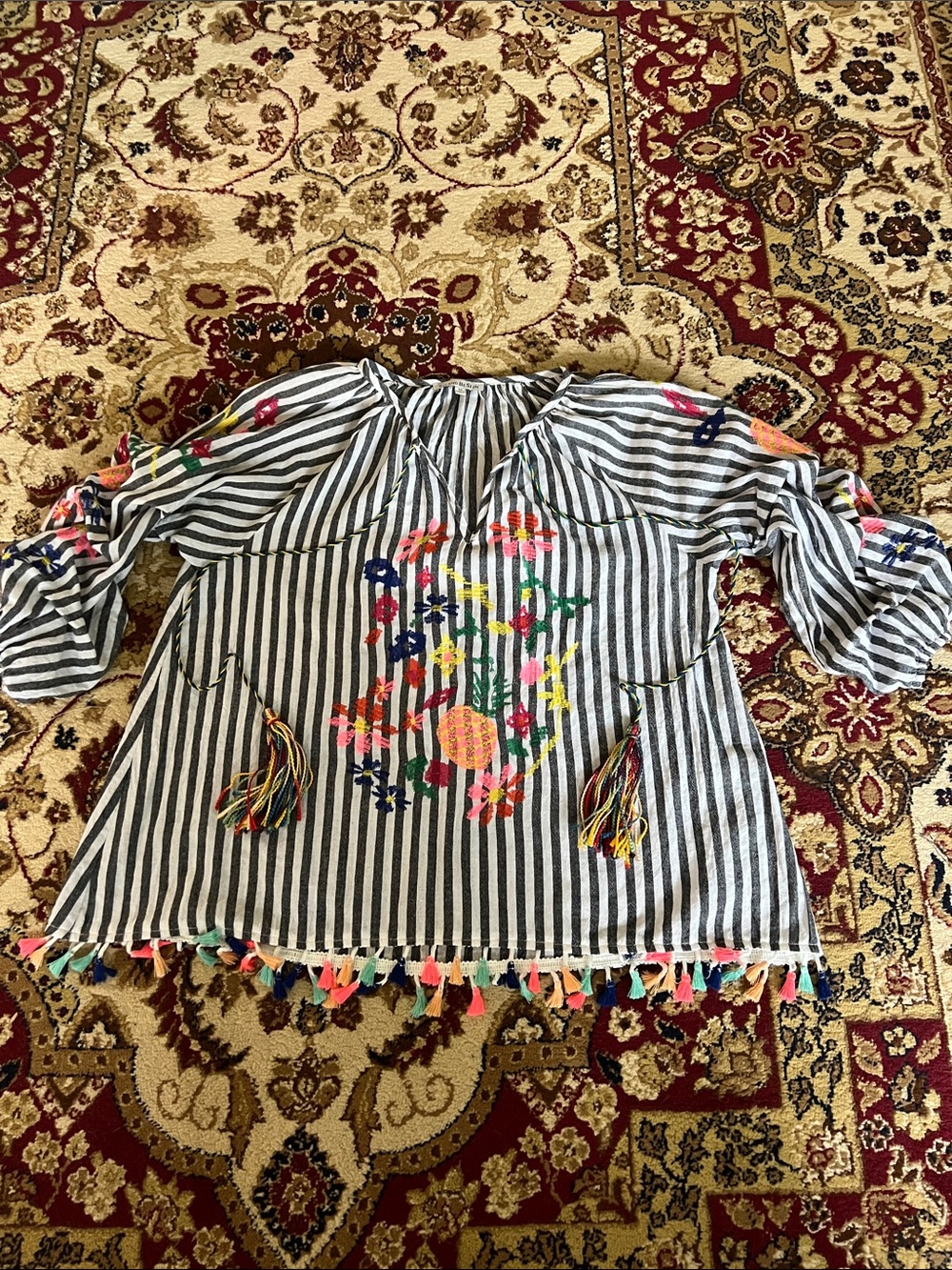 Striped Embroidered Tassel Peasant Blouse - Multicolor